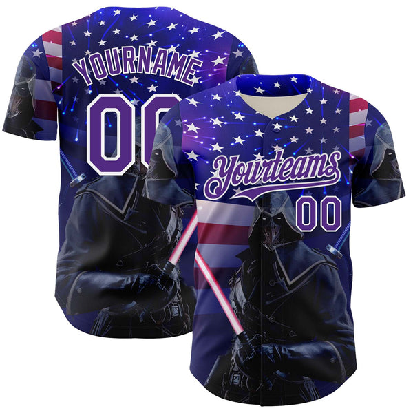 Custom Blue Purple-White 3D Pattern Design Outer Space Light Swords American Flag Authentic Baseball Jersey