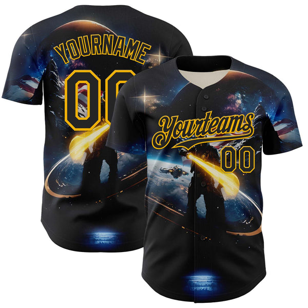 Custom Black Gold 3D Pattern Design Outer Space Light Swords American Flag Authentic Baseball Jersey