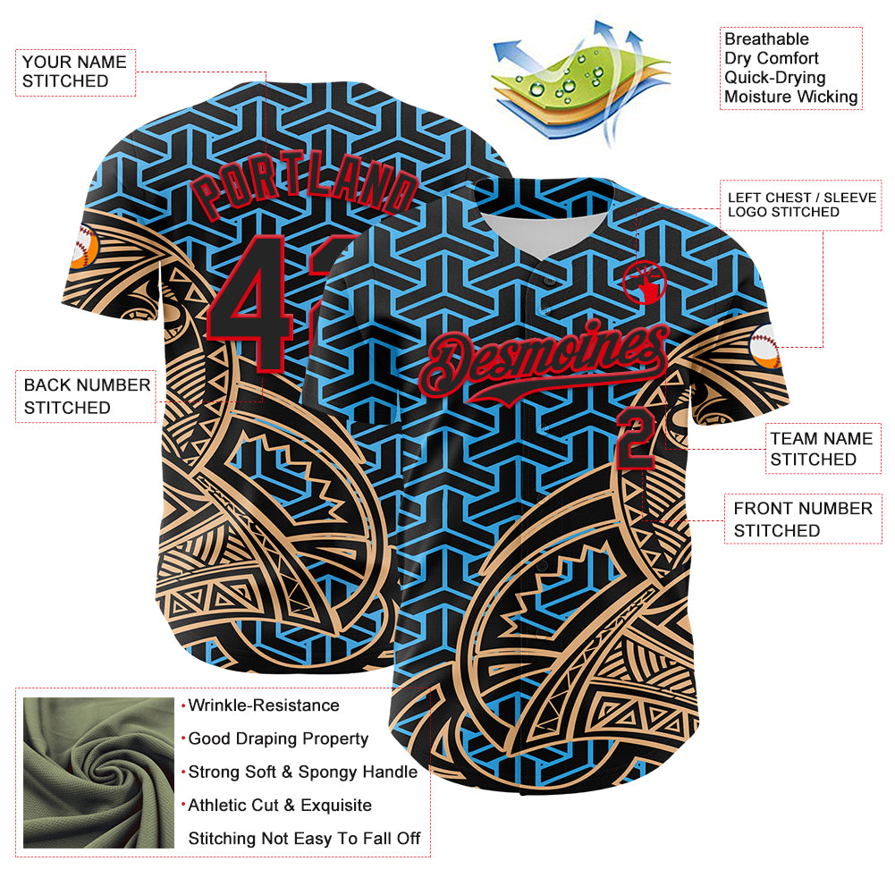 Custom Black Sky Blue Old Gold-Fire Red 3D Polynesian Style Islander Authentic Baseball Jersey