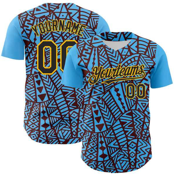 Custom Sky Blue Black Brown-Gold 3D Polynesian Style Islander Authentic Baseball Jersey