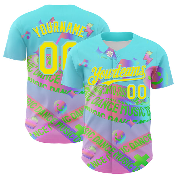 Custom Blue Light Yellow-Ice Blue 3D Pattern Design Trippy Dance Music Acid Authentic Baseball Jersey