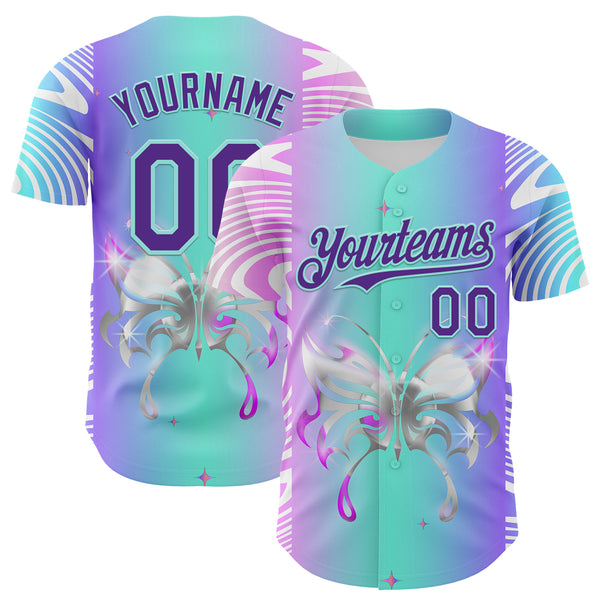 Custom Blue Purple-Ice Blue 3D Pattern Design Trippy Acid Butterfly Authentic Baseball Jersey