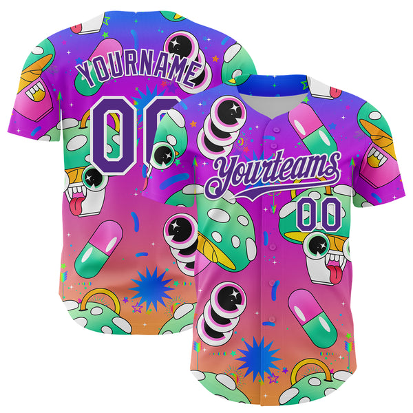 Custom Purple White 3D Pattern Design Trippy Psychedelic Magic Mushrooms Authentic Baseball Jersey