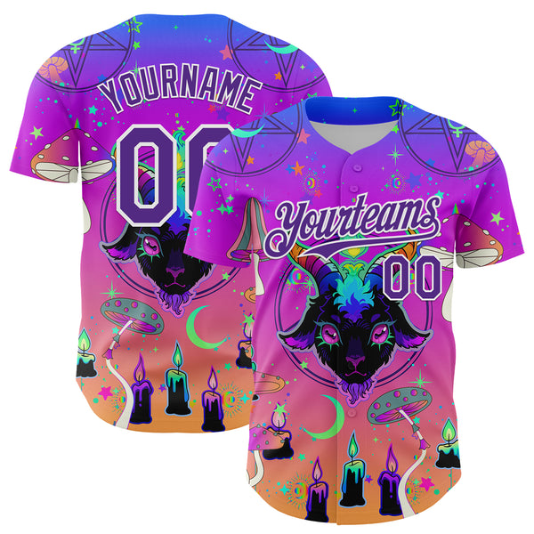 Custom Purple White 3D Pattern Design Trippy Magic Mushrooms Devil Authentic Baseball Jersey