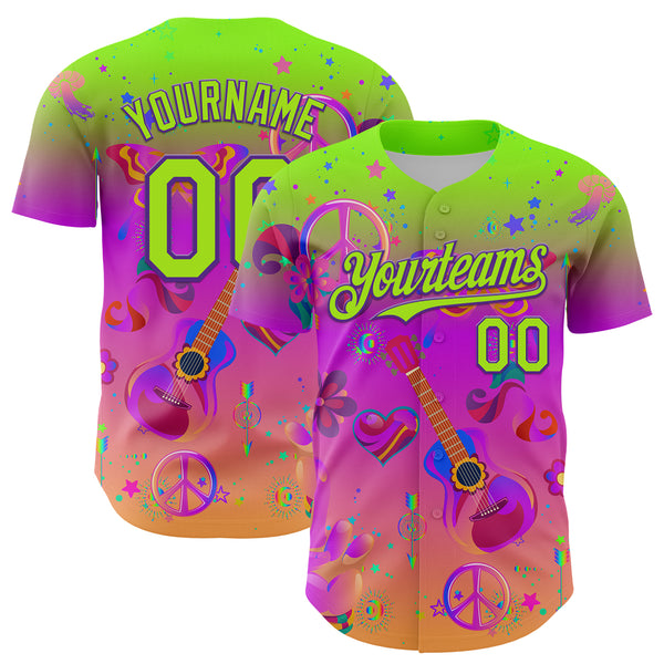 Custom Purple Neon Green 3D Pattern Design Trippy Peace And love Hippie Authentic Baseball Jersey