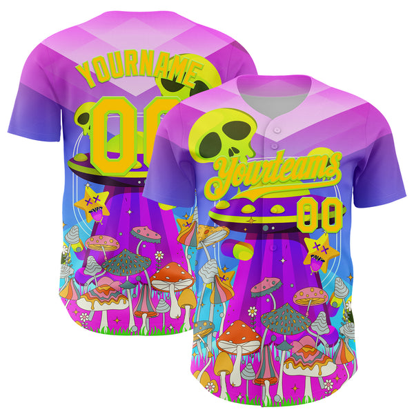 Custom Purple Yellow-Neon Green 3D Pattern Design Trippy Magic Mushrooms Alien Authentic Baseball Jersey