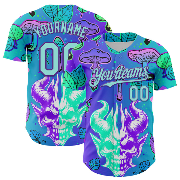 Custom Blue Ice Blue-Purple 3D Pattern Design Trippy Magic Mushrooms Demon Skull Authentic Baseball Jersey