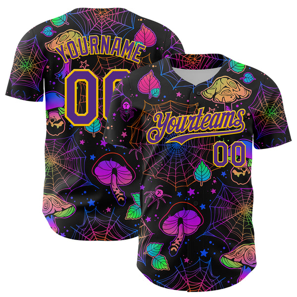 Custom Black Purple-Yellow 3D Pattern Design Trippy Magic Mushrooms Spider Web Authentic Baseball Jersey