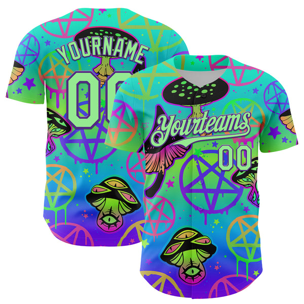 Custom Blue Pea Green-Purple 3D Pattern Design Trippy Magic Mushrooms Pentacle Authentic Baseball Jersey
