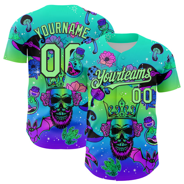 Custom Blue Pea Green-Black 3D Pattern Design Trippy Magic Mushrooms Skull Authentic Baseball Jersey