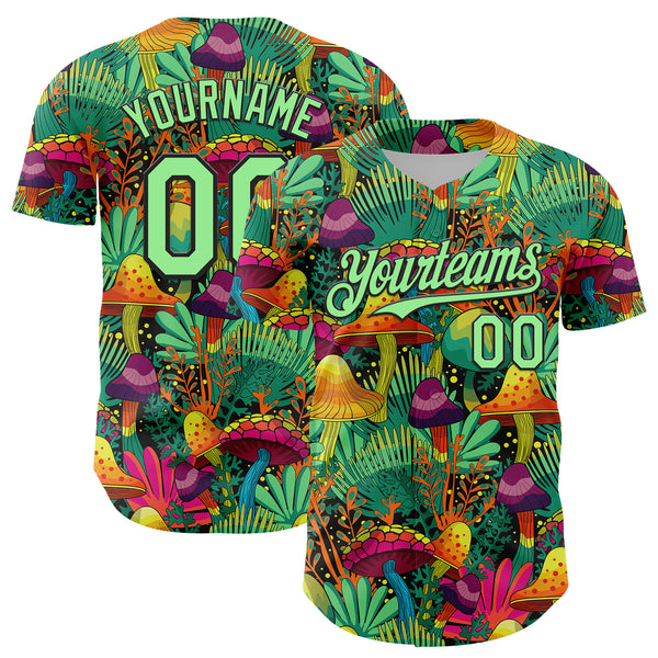 Custom Green Pea Green-Black 3D Pattern Design Trippy Magic Mushrooms Plant Authentic Baseball Jersey