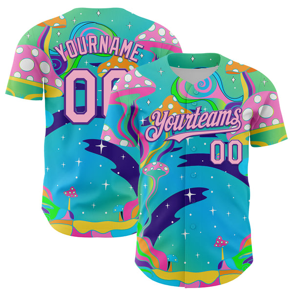 Custom Navy Light Pink-Purple 3D Pattern Design Trippy Psychedelic Magic Mushrooms Authentic Baseball Jersey