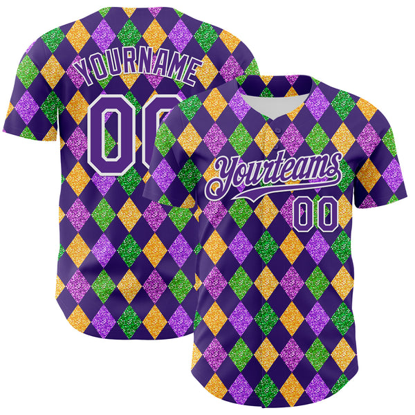 Custom Purple White 3D Pattern Design Mardi Gras Shrove Tuesday Authentic Baseball Jersey