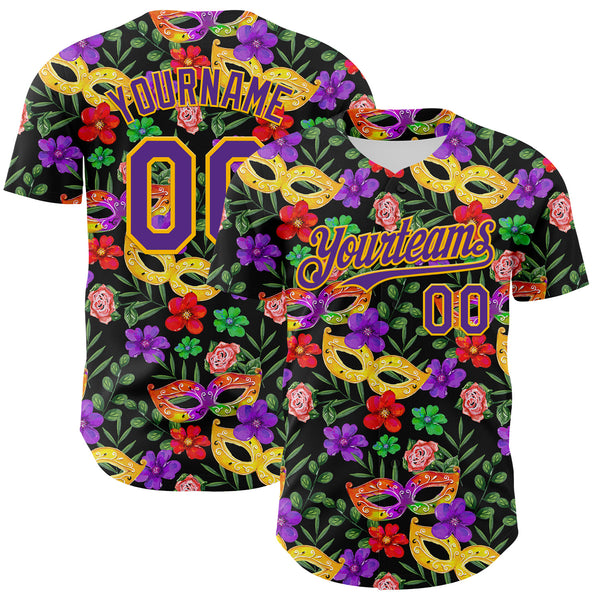 Custom Black Purple-Gold 3D Pattern Design Mardi Gras Shrove Tuesday Authentic Baseball Jersey