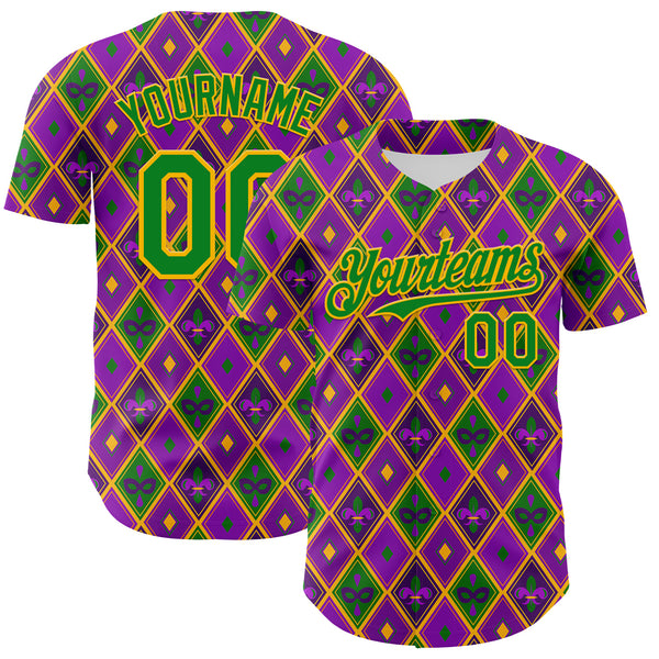 Custom Purple Grass Green-Gold 3D Pattern Design Mardi Gras Shrove Tuesday Authentic Baseball Jersey