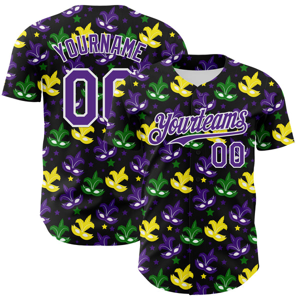 Custom Black Purple-White 3D Pattern Design Mardi Gras Shrove Tuesday Authentic Baseball Jersey