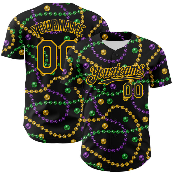 Custom Black Gold 3D Pattern Design Mardi Gras Shrove Tuesday Authentic Baseball Jersey