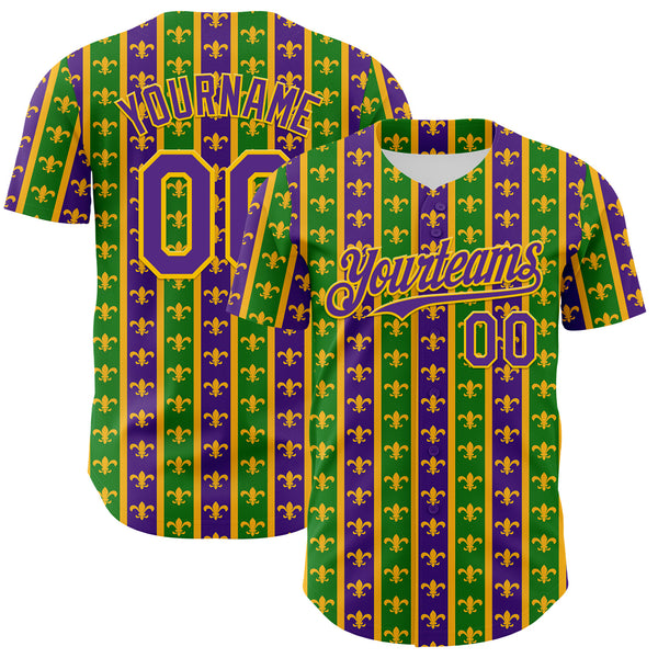 Custom Green Purple-Gold 3D Pattern Design Mardi Gras Shrove Tuesday Authentic Baseball Jersey