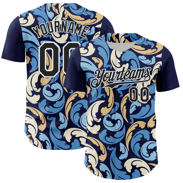 Custom Navy Black-White 3D Pattern Design Burner Costumes Floral Grunge Authentic Baseball Jersey