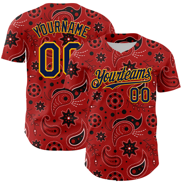 Custom Red Navy-Gold 3D Pattern Design Burner Costumes Paisley Bandana Authentic Baseball Jersey