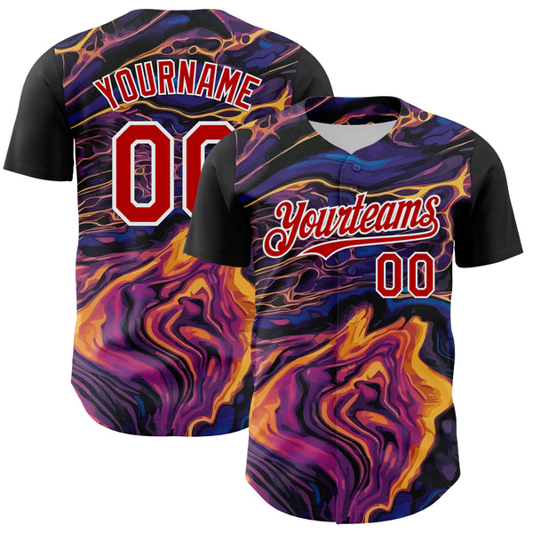 Custom Purple Red-White 3D Pattern Design Burner Costumes Lava Authentic Baseball Jersey