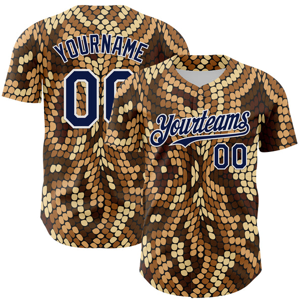 Custom Brown Navy-White 3D Pattern Design Burner Costumes Snake Print Authentic Baseball Jersey