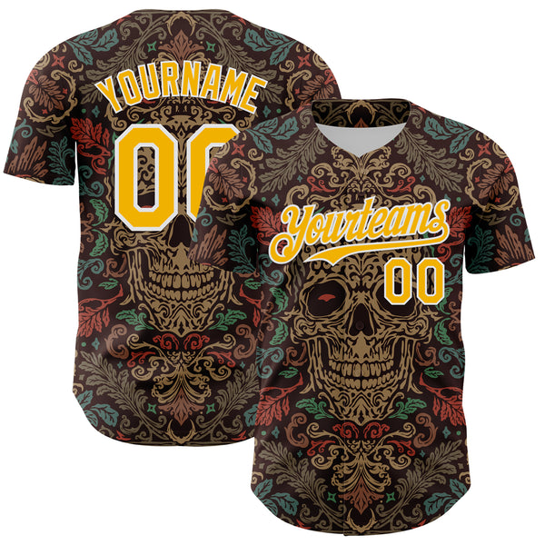 Custom Brown Gold-White 3D Pattern Design Burner Costumes Skull Floral Authentic Baseball Jersey