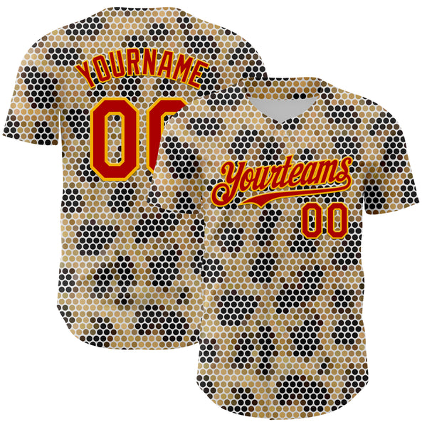 Custom Cream Red-Gold 3D Pattern Design Burner Costumes Leopard Mosaic Authentic Baseball Jersey