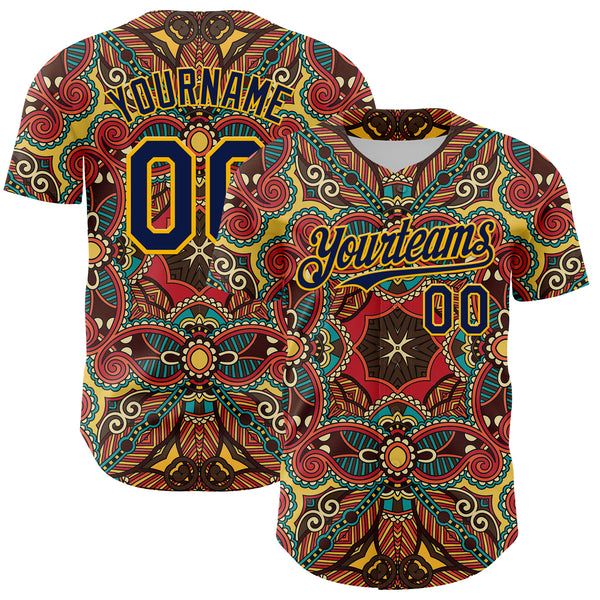 Custom Red Navy-Gold 3D Pattern Design Burner Costumes Exotic Authentic Baseball Jersey