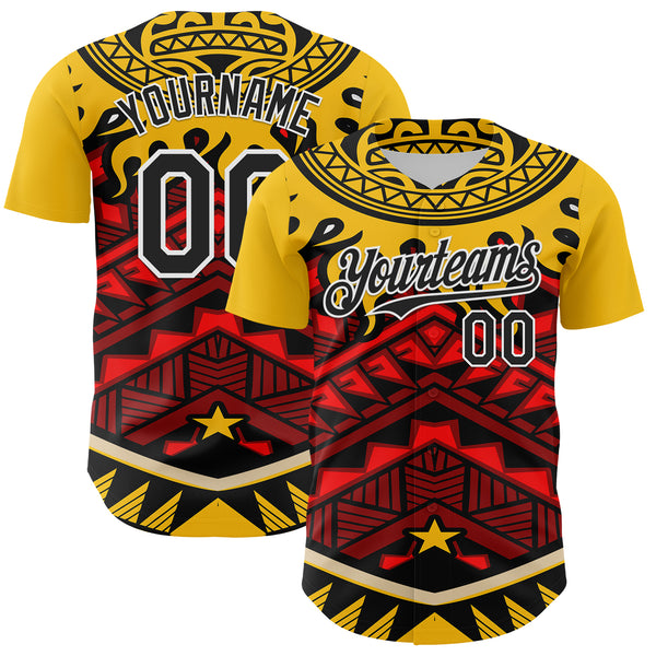 Custom Yellow Black Red-White 3D Pattern Design Rave Party Tribal Authentic Baseball Jersey