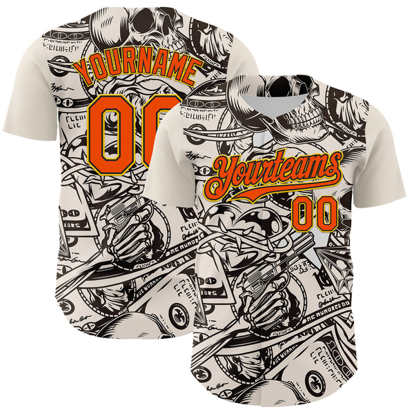 Custom White Orange Black-Yellow 3D Pattern Design Rave Party Vintage Cash Money Authentic Baseball Jersey