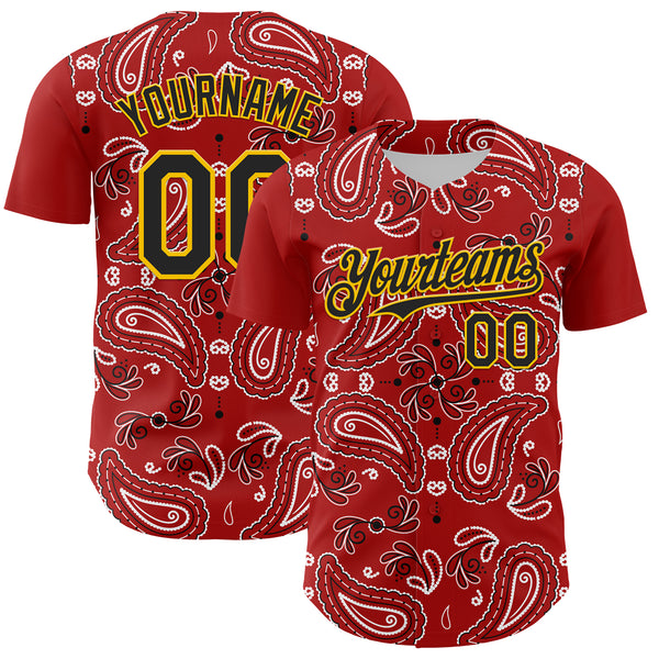 Custom Red Black-Gold 3D Pattern Design Rave Party Paisley Bandana Authentic Baseball Jersey