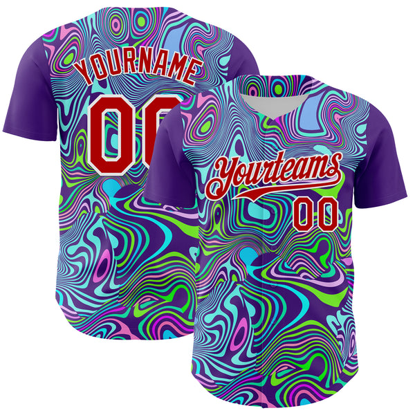 Custom Purple Red-White 3D Pattern Design Rave Party Trippy Laser Fluid Authentic Baseball Jersey