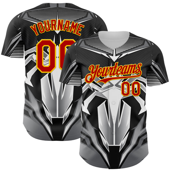 Custom Black Red-Yellow 3D Pattern Design Burner Costumes Mecha Authentic Baseball Jersey
