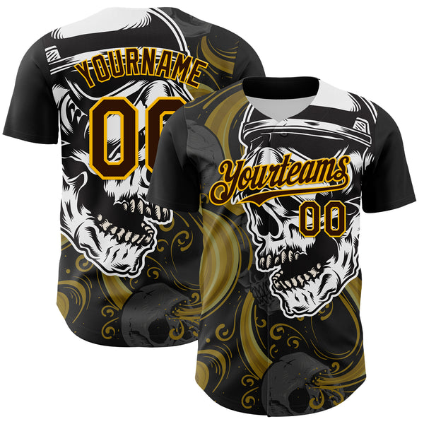 Custom Black Brown Yellow-White 3D Pattern Design Burner Costumes Skull Authentic Baseball Jersey