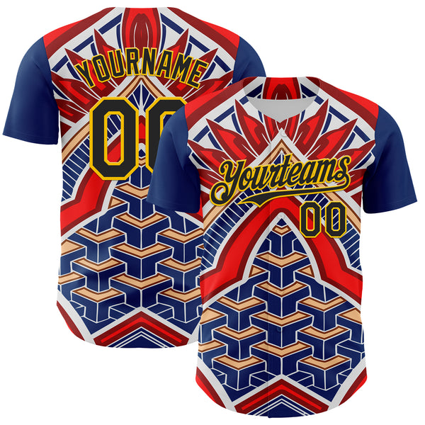 Custom Blue Black Red-Yellow 3D Pattern Design Burner Costumes Tribal Authentic Baseball Jersey