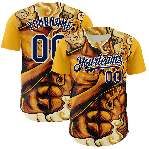 Custom Gold Navy-White 3D Pattern Design Burner Costumes Flame Authentic Baseball Jersey