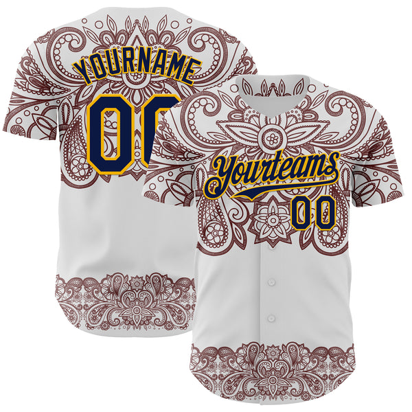 Custom White Navy Red-Yellow 3D Pattern Design Burner Costumes Paisley Bandana Authentic Baseball Jersey