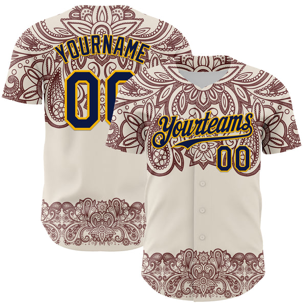 Custom Cream Navy Red-Yellow 3D Pattern Design Burner Costumes Paisley Bandana Authentic Baseball Jersey