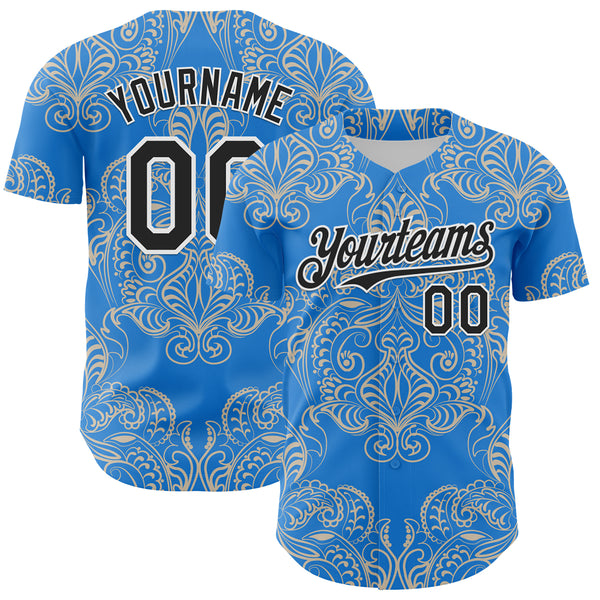 Custom Electric Blue Black-White 3D Pattern Design Burner Costumes Paisley Bandana Authentic Baseball Jersey