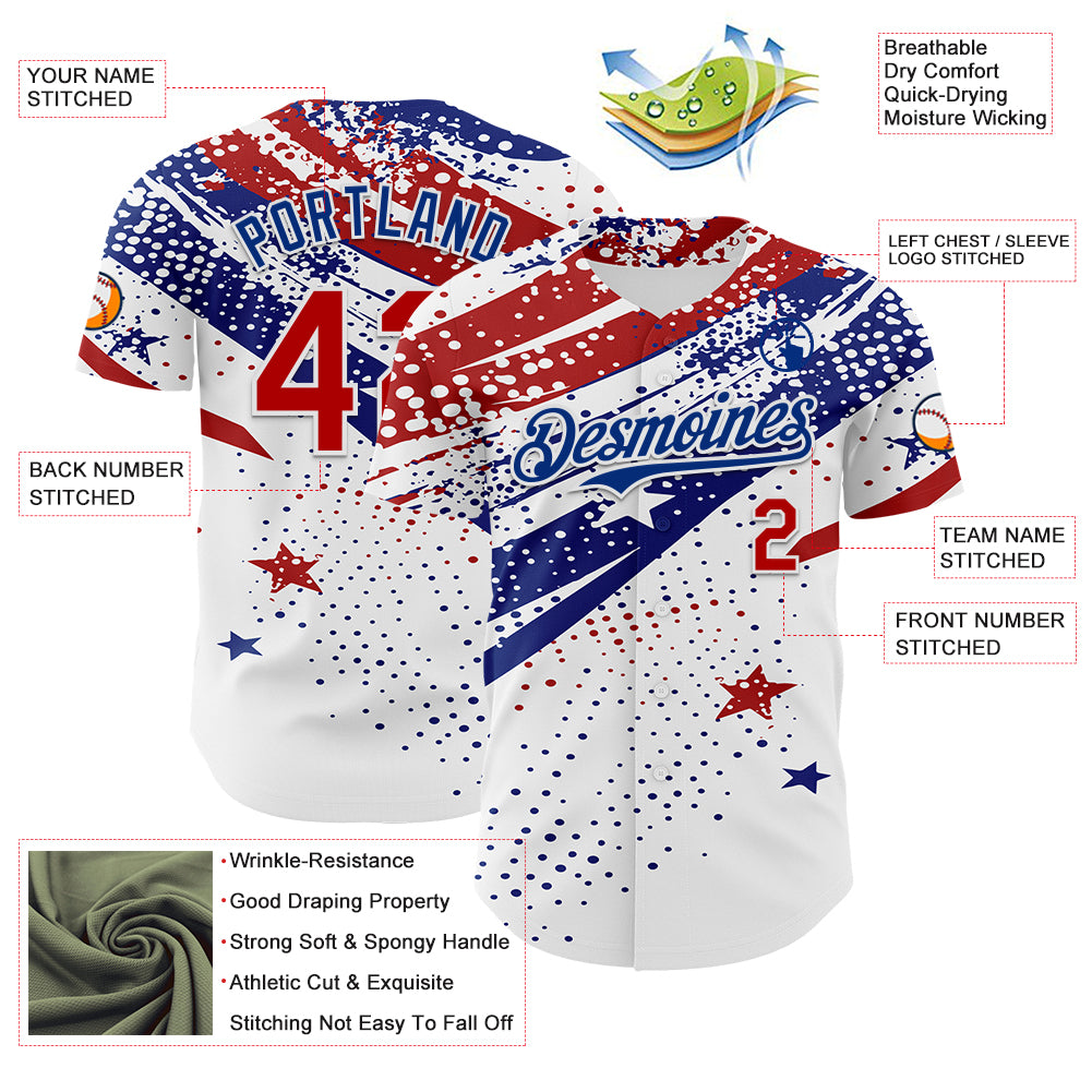 Custom White Red-Royal 3D American Flag America-Inspired Authentic Baseball Jersey