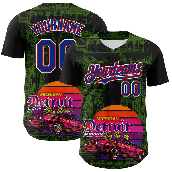 Custom Black Royal Green Fire Red-White 3D Pattern Design Detroit Cityscape Muscle Car Engine Authentic Baseball Jersey