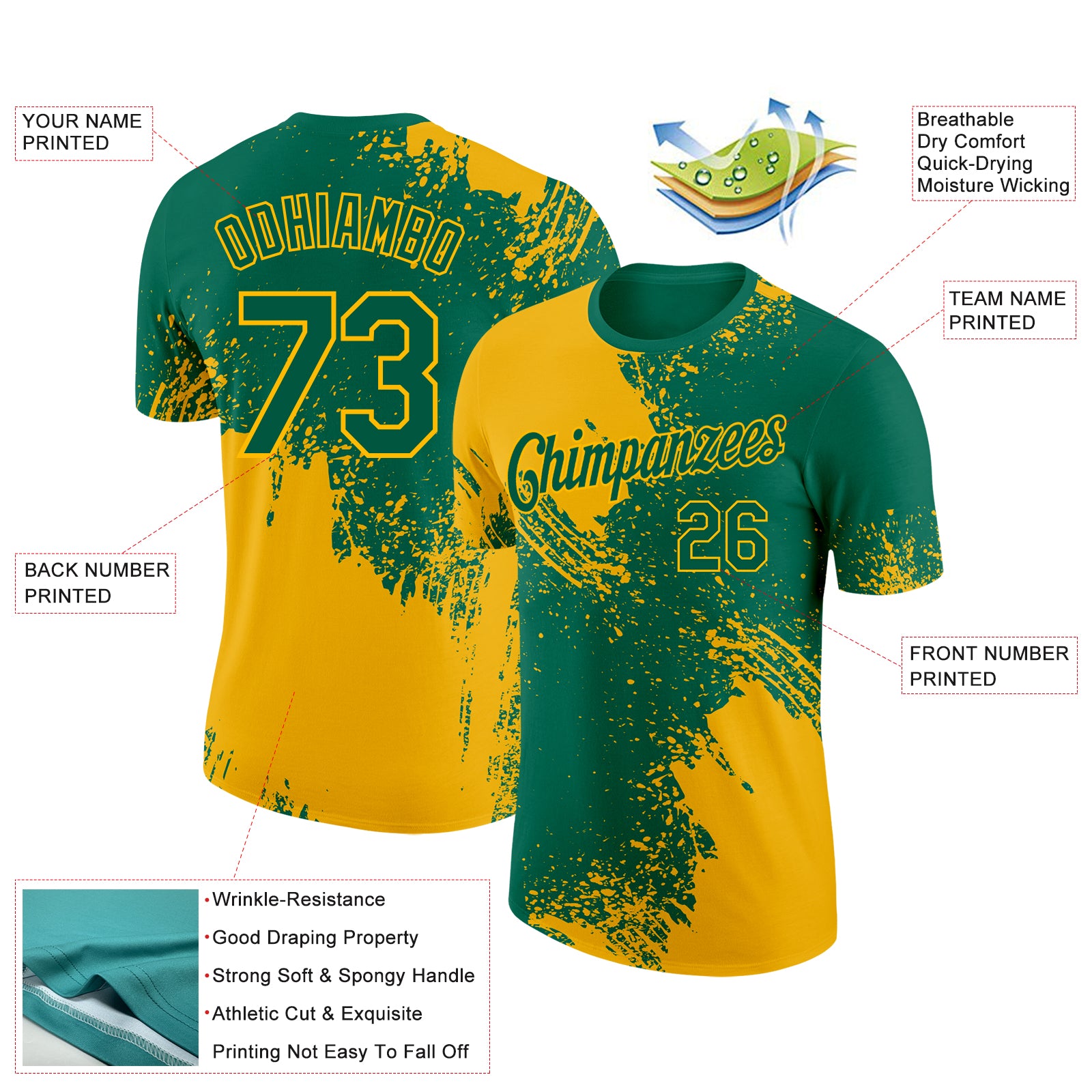 Custom Kelly Green Gold 3D Pattern Design Abstract Brush Stroke Performance T-Shirt