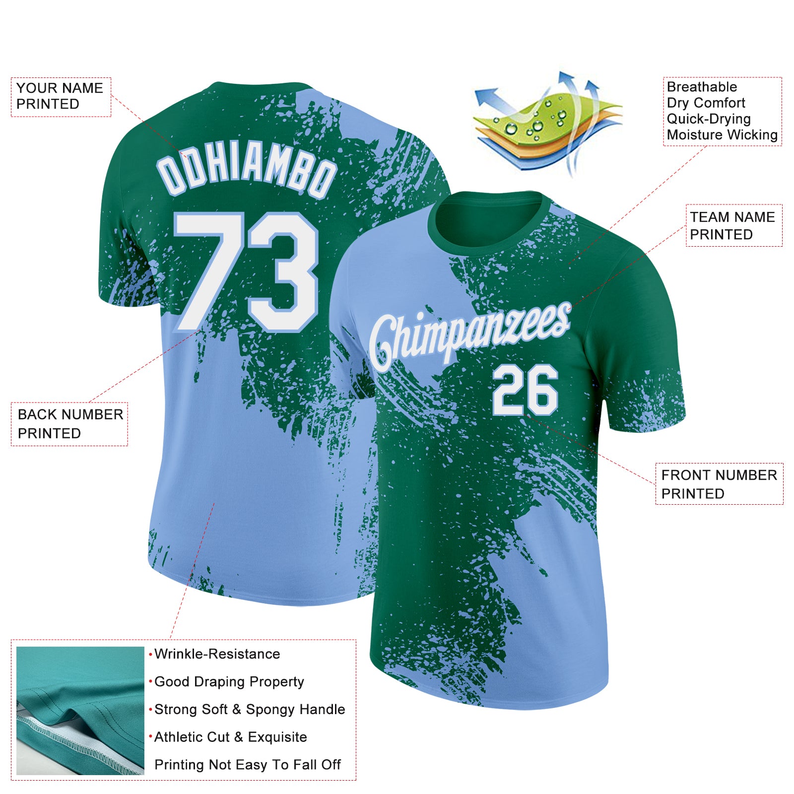 Custom Kelly Green White-Light Blue 3D Pattern Design Abstract Brush Stroke Performance T-Shirt