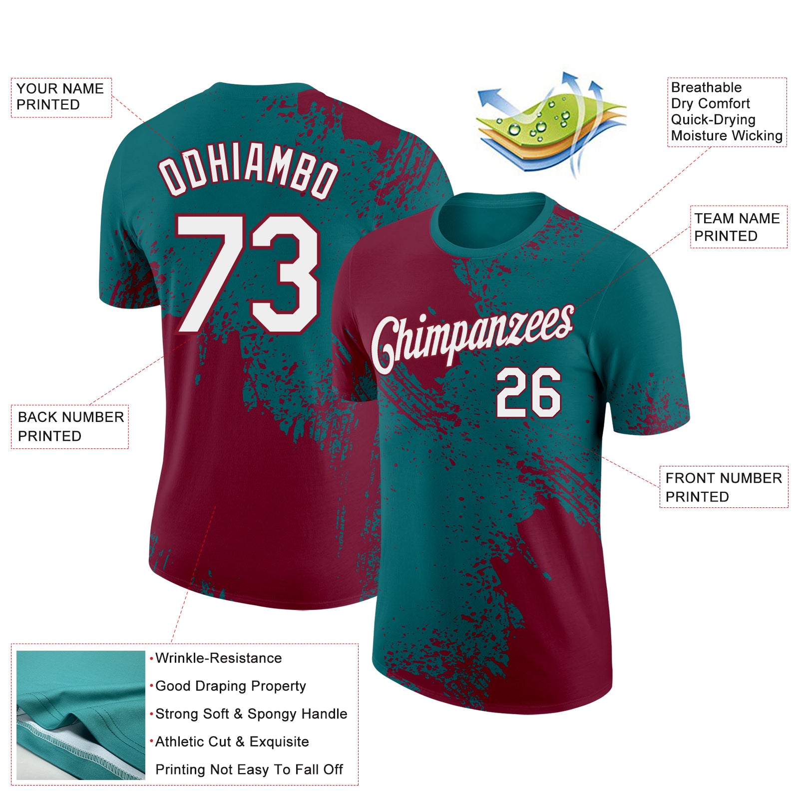 Custom Teal White-Crimson 3D Pattern Design Abstract Brush Stroke Performance T-Shirt