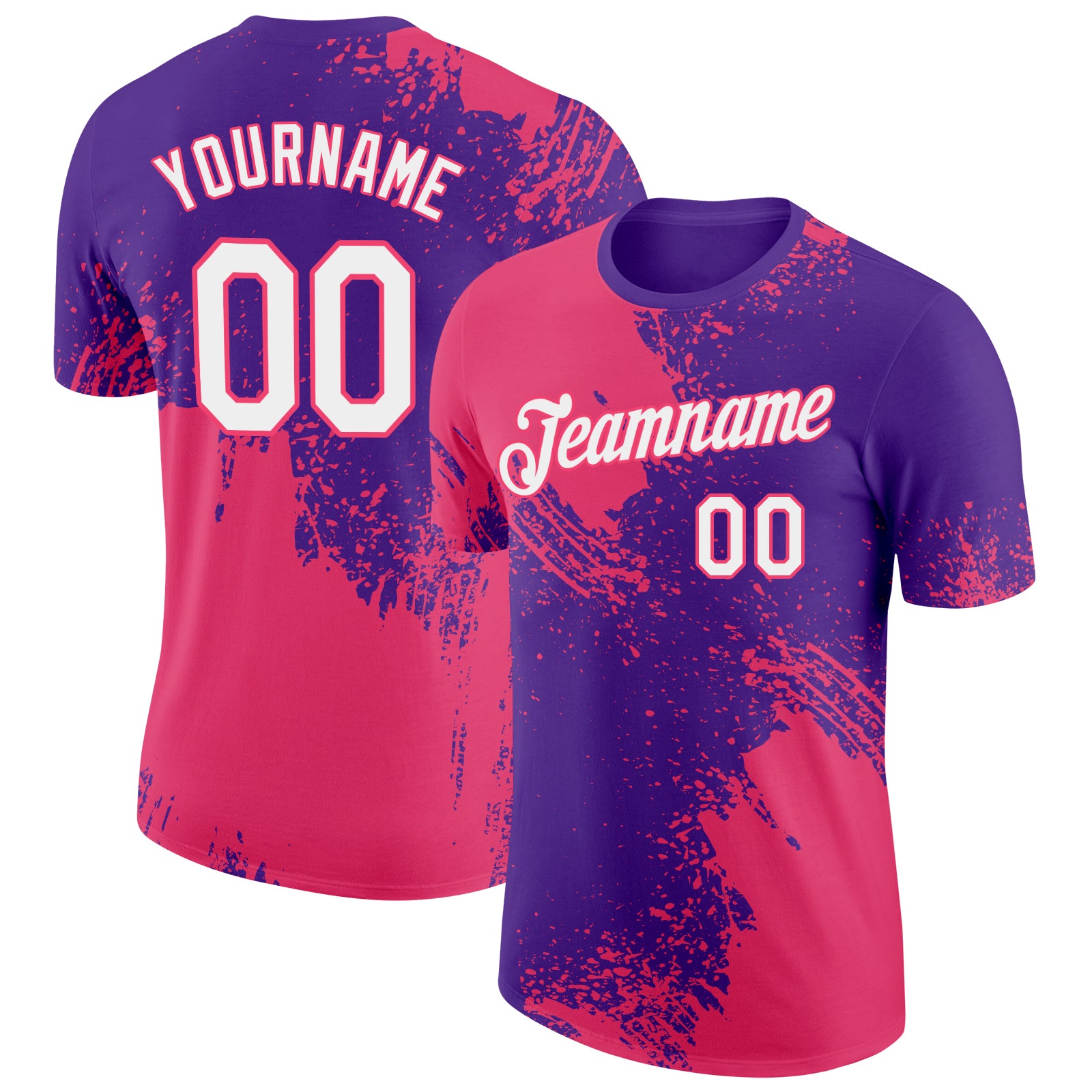 Custom Purple White-Neon Pink 3D Pattern Design Abstract Brush Stroke Performance T-Shirt