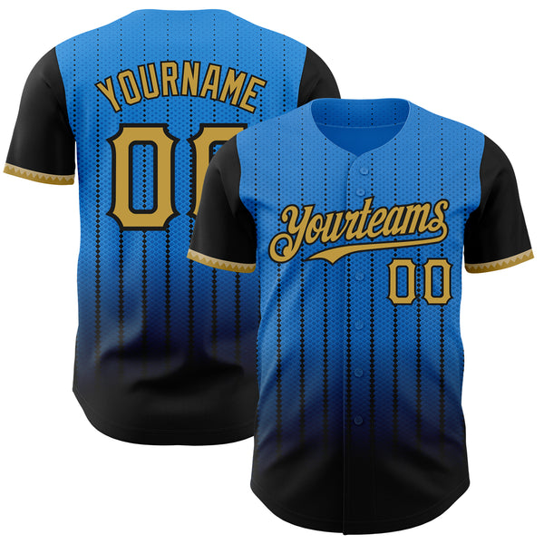 Custom Electric Blue Old Gold-Black 3D Pattern Design Gradient Geometric Shape Authentic Baseball Jersey