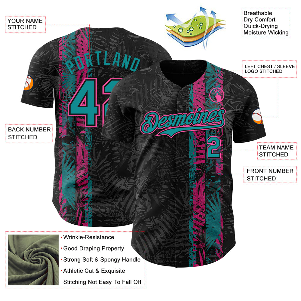 Custom Black Pink-Teal 3D Hawaii Tropical Palm Leaves Authentic Baseball Jersey