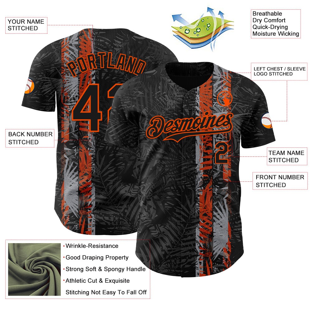 Custom Black Orange 3D Hawaii Tropical Palm Leaves Authentic Baseball Jersey