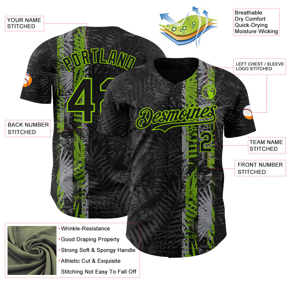 Custom Black Neon Green 3D Hawaii Tropical Palm Leaves Authentic Baseball Jersey